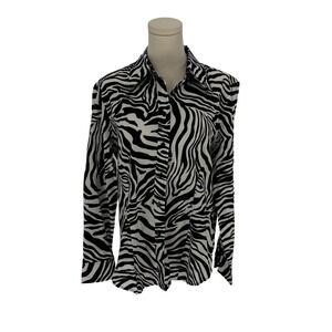 Jones New York Button Up Shirt Black White Zebra Print Large